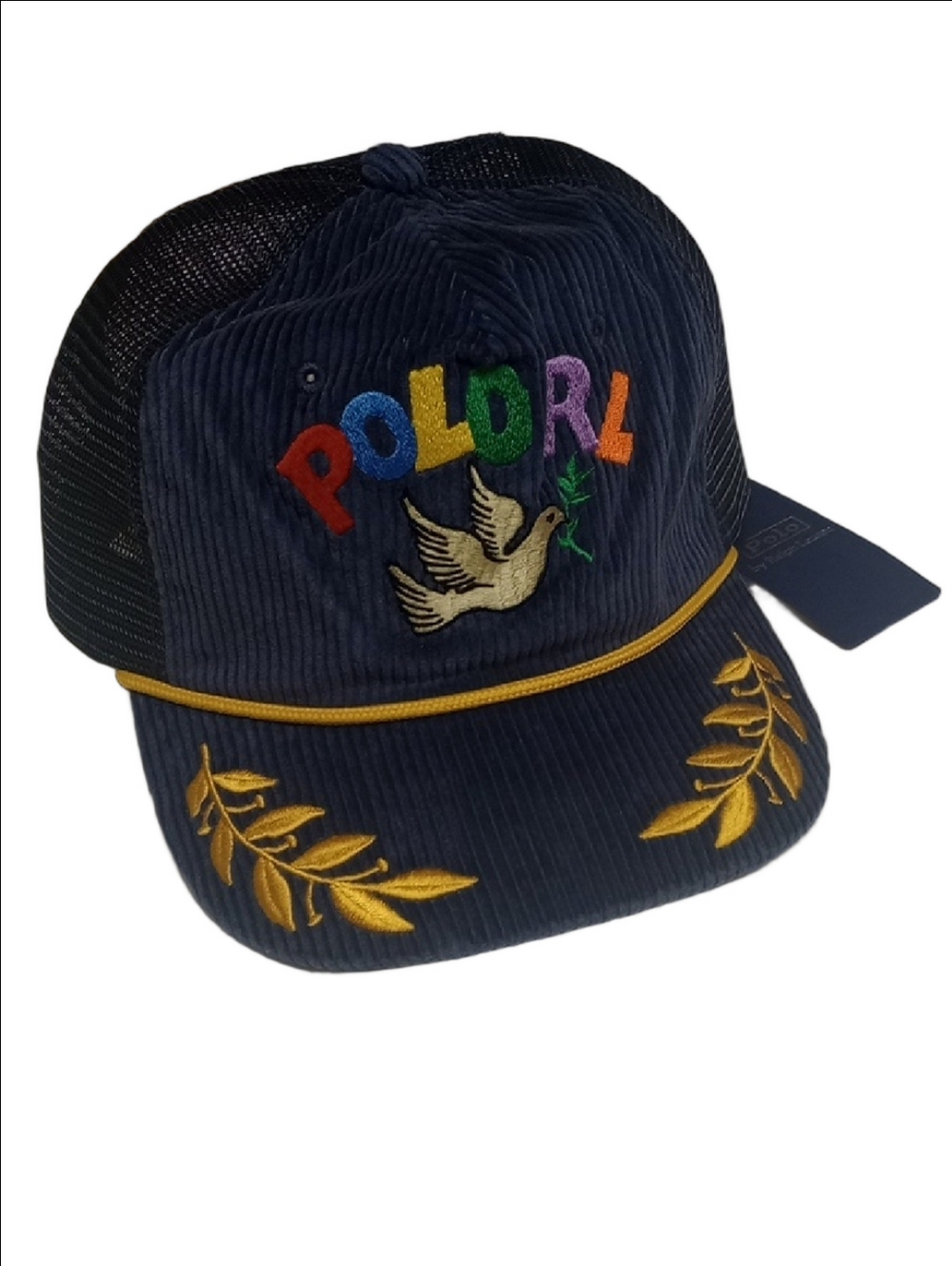 🆕 POLO RALPH LAUREN "PEACE, LOVE" NAVY BLUE CURDOROY MENS SPECIAL EDITION HAT